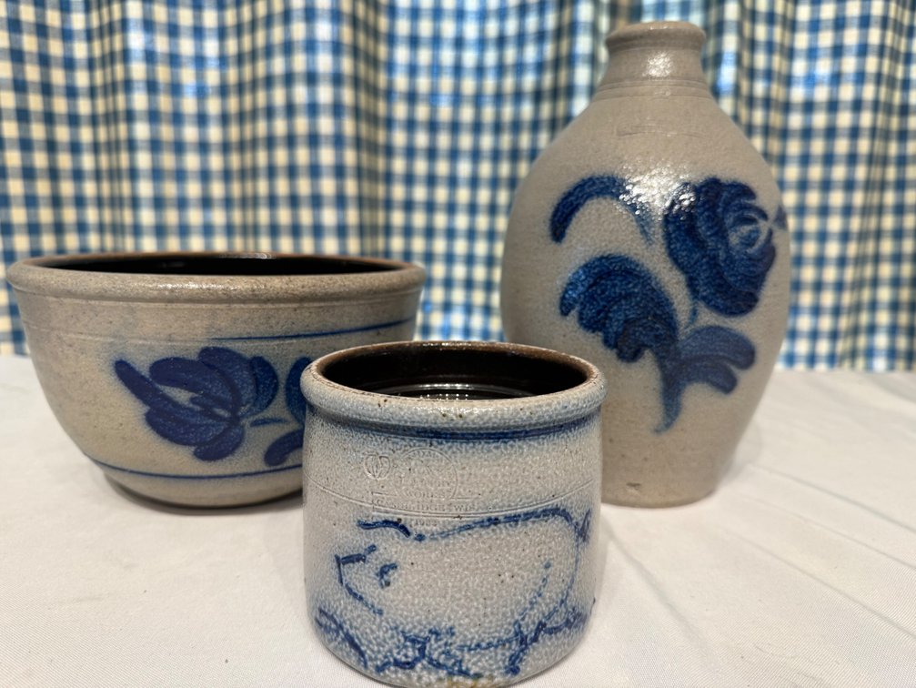 Vintage Rowe Pottery Salt-Glazed Stoneware Collection – 3 Pieces, Cobalt Blue