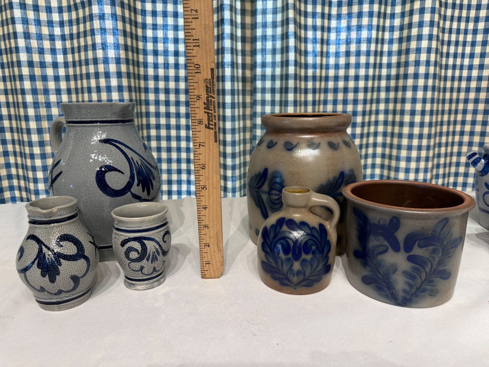 Vintage German Salt-Glazed Stoneware Pottery Collection – 6 Pieces – Cobalt Blue