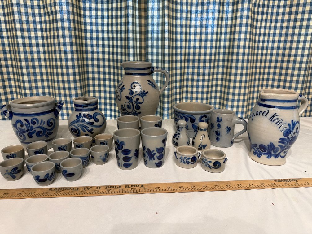 Large Collection of German Salt-Glazed Stoneware Pottery – Cobalt Blue – Pitchers, Crocks, Cups & Accessories