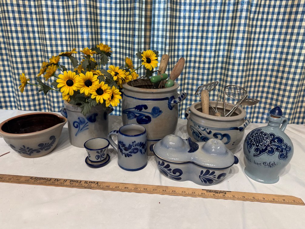Vintage German Blue & Gray Salt-Glazed Stoneware Pottery Collection