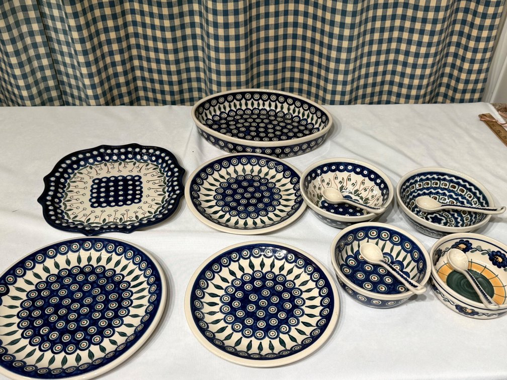 13-Piece Handcrafted Bolesławiec Polish Pottery Collection – Peacock Pattern – Made in Poland