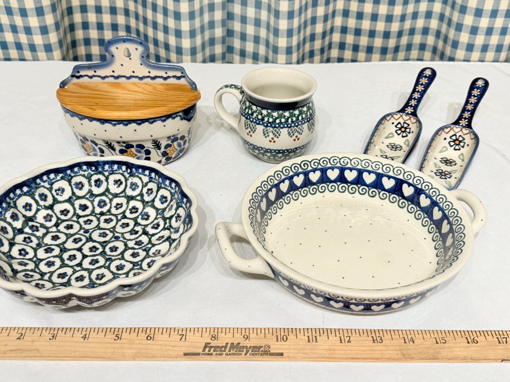 7-Piece Handcrafted Bolesławiec Polish Pottery Collection – Serving Dishes, Salt Box & Utensils