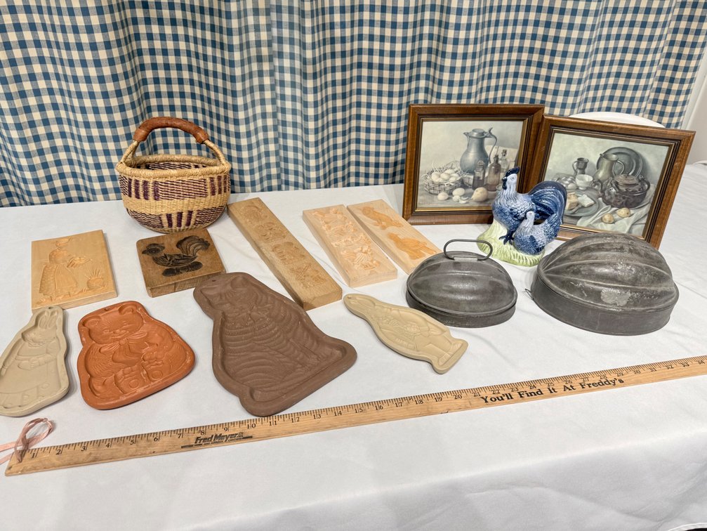 Vintage Kitchen Collectibles – German Cookie Molds, Bella Casa Rooster, Antique Bakeware & Framed Prints