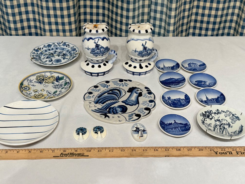 Vintage European Blue & White Delft-Style Pottery Collection – Danish Miniature Plates, Nymølle, Rooster Plate & Candleholders