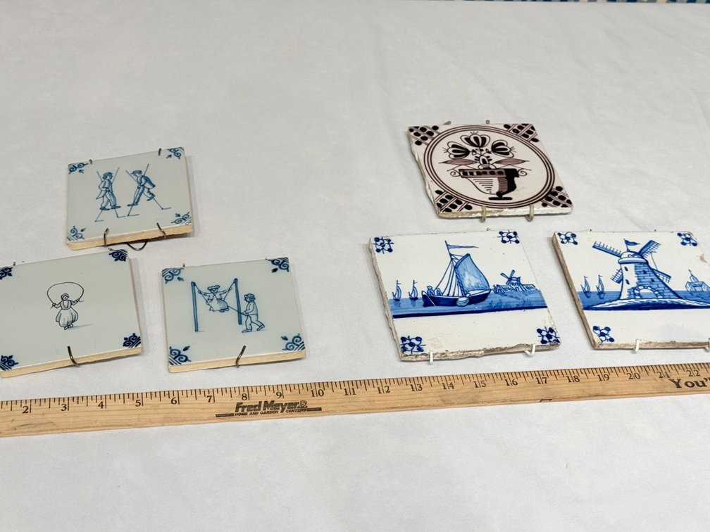 Set of 6 Vintage & Antique Dutch Delft Hand-Painted Ceramic Tiles – Holland