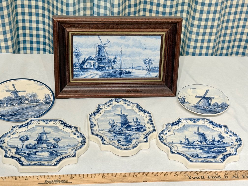 6-Piece Vintage Dutch Delft Blue Hand-Painted Windmill Pottery & Framed Ceramic Art Collection – Made in Holland