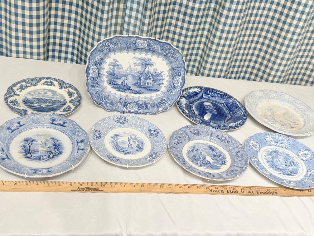 8-Piece Antique & Vintage Blue and White English Transferware Plate and Platter Collection