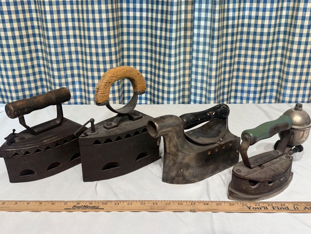 Antique & Vintage Sad Iron Collection – 4 Pieces – GWM Special, Royal Gasoline Iron & Charcoal Box Irons