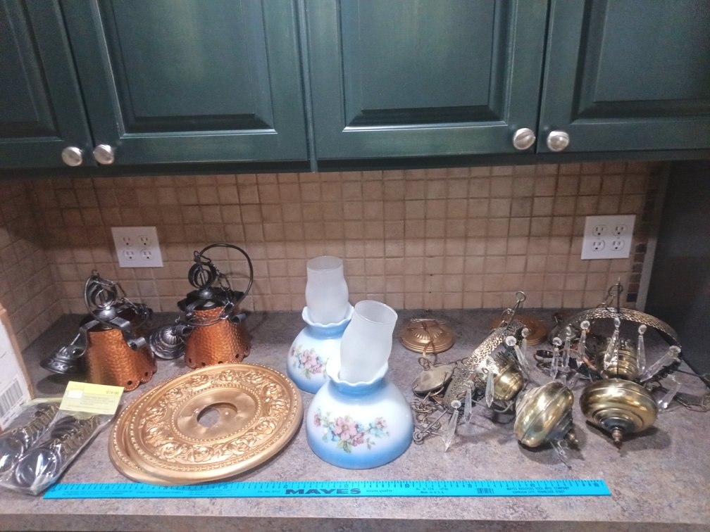 Vintage Brass & Crystal Chandelier Light Fixture Lot with Glass Shades