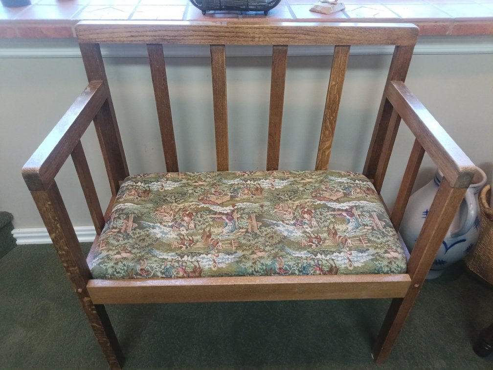 Wooden Mission-Style Bench with Tapestry Upholstered Seat