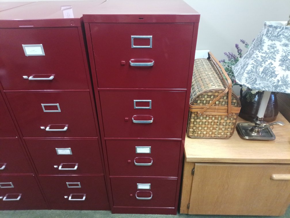 Red Four-Drawer Metal Filing Cabinet