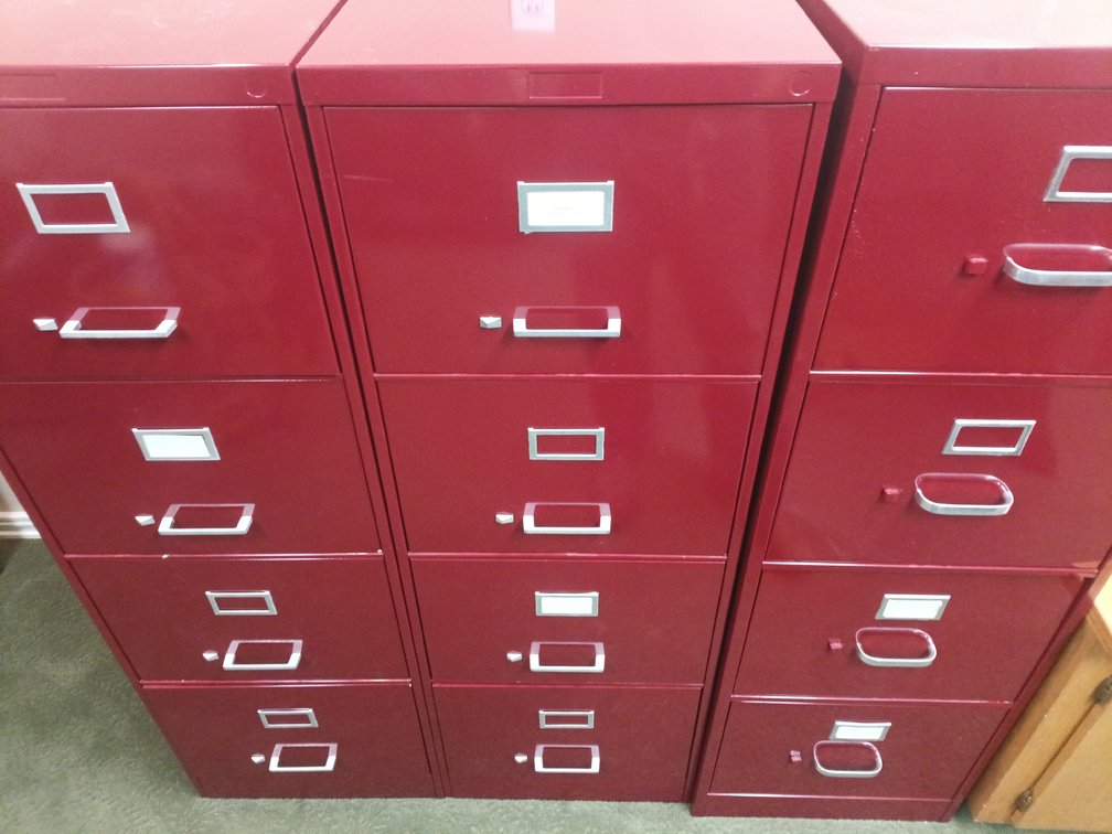 Red Four-Drawer Metal Filing Cabinet