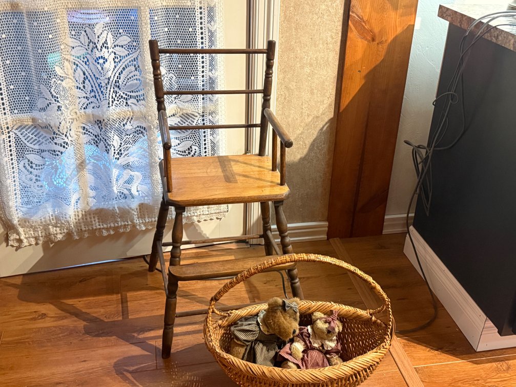 Vintage Wooden Child’s Chair, Wicker Basket & Decorative Teddy Bears