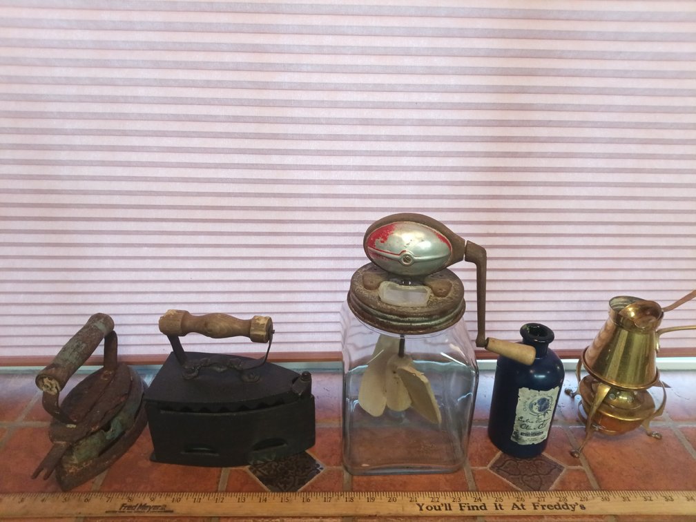 Vintage & Antique Household Collection – Sad Irons, Mixing Churn & Brass Burner
