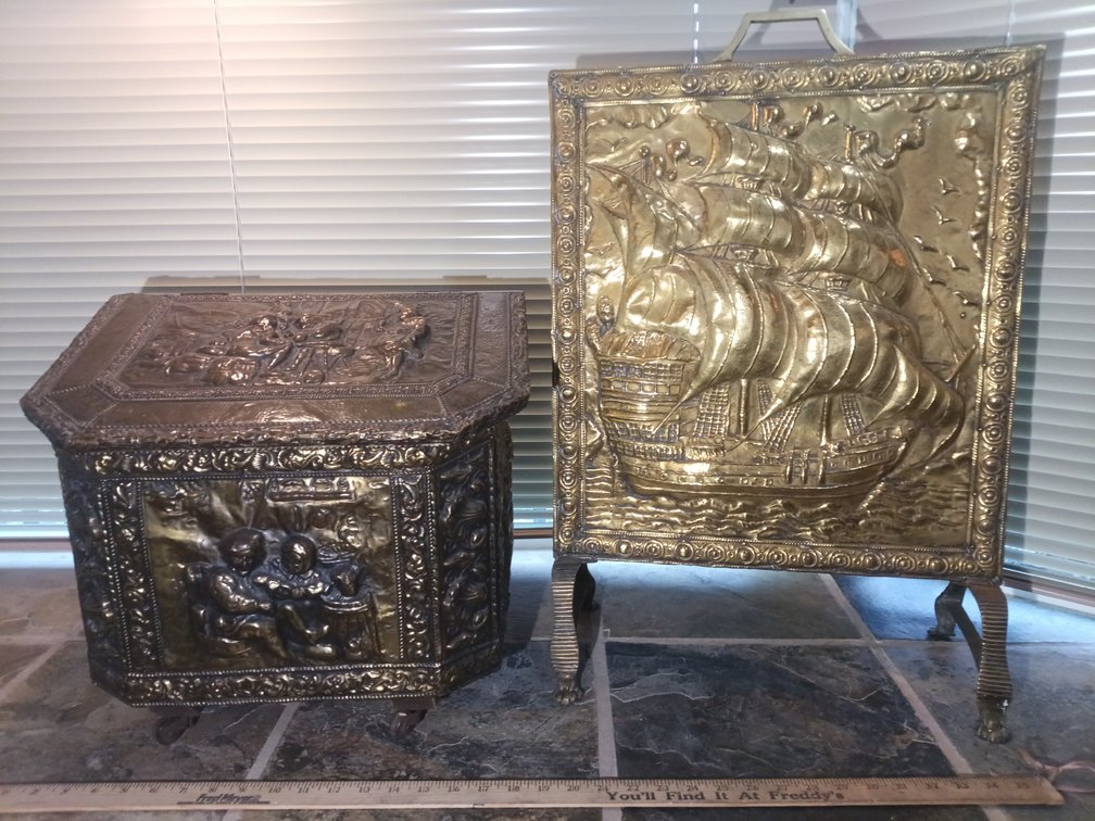 Ornate Copper-Plated Decorative Chest & Brass-Plated Sailing Ship Art
