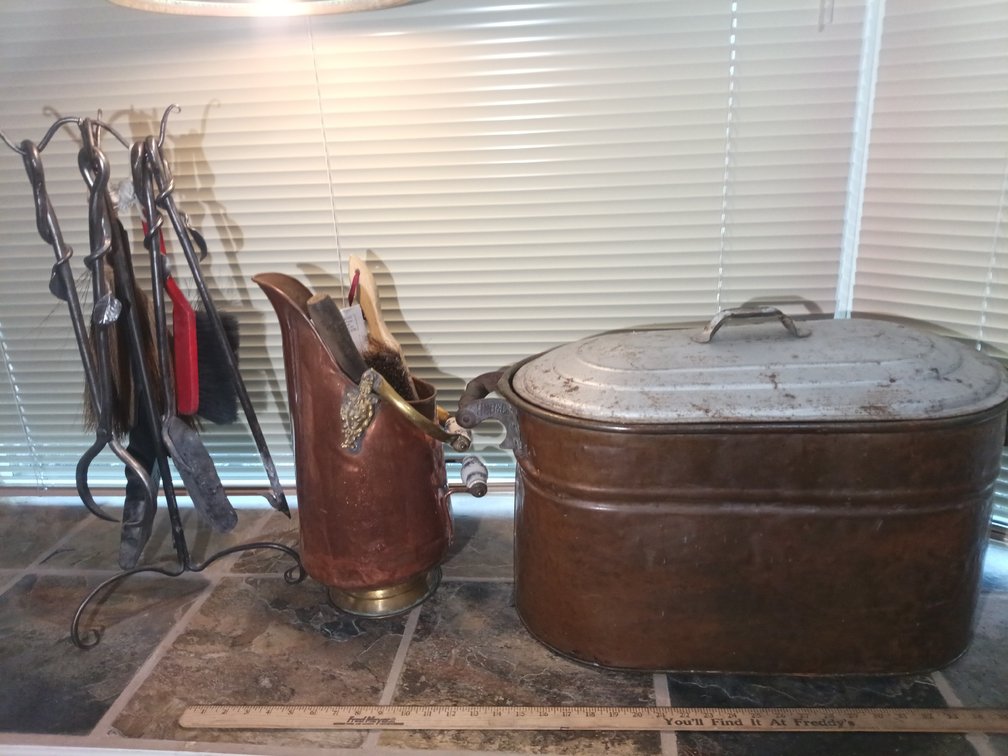 Antique HSB & Co. Copper Wash Boiler, Copper & Brass Pitcher and Fireplace Tool Set