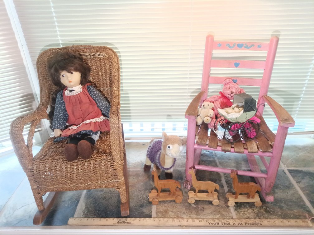 Vintage Child-Size Wicker & Wooden Rocking Chairs, Dolls, Teddy Bears & Wooden Llama Toys