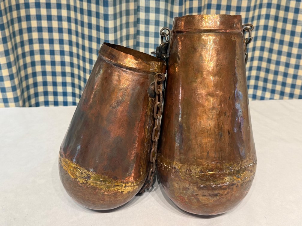 2 Antique Hammered Copper & Brass Situla Hanging Vessels with Chains