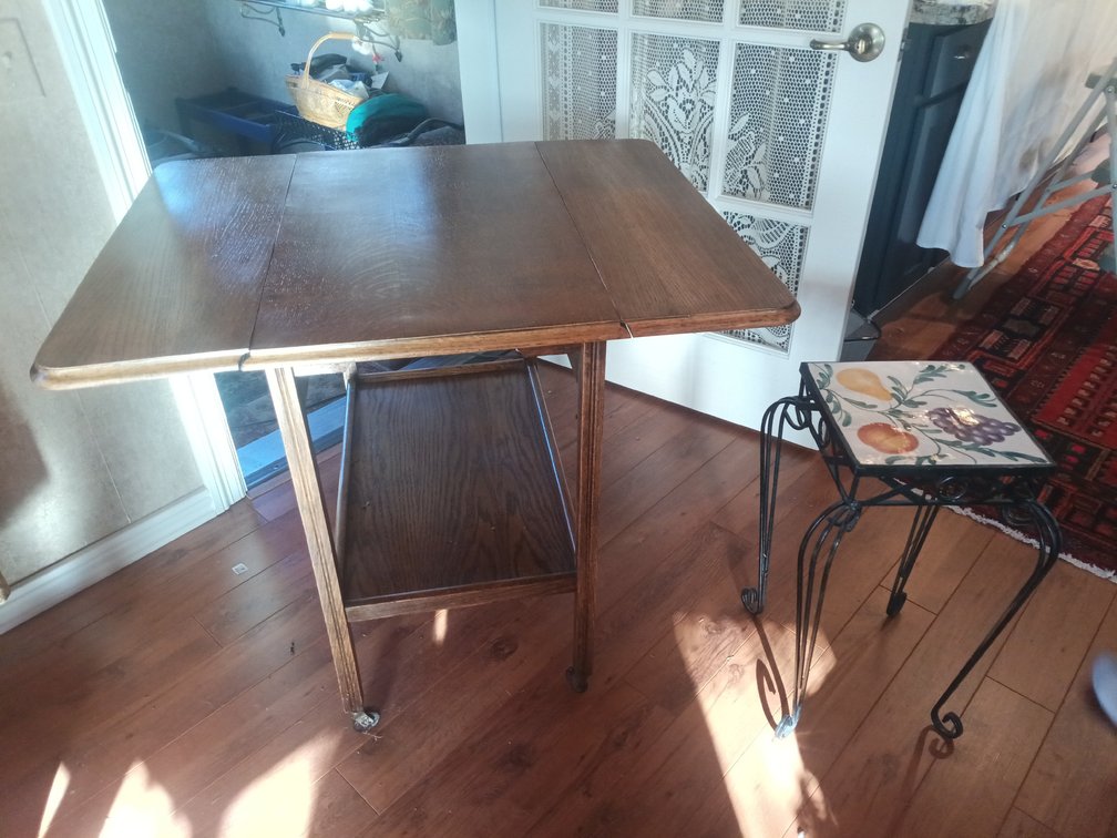 Vintage Wooden Drop-Leaf Rolling Table & Decorative Metal Tile-Top Accent Table
