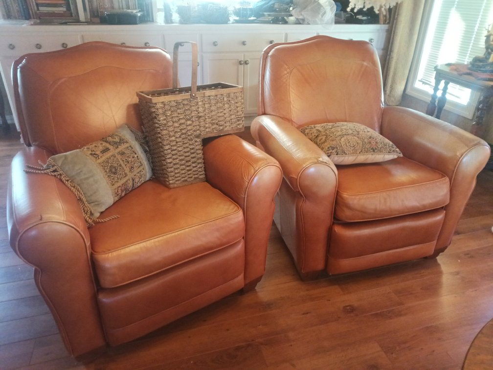 Pair of La-Z-Boy Orange Leather Recliners with Throw Pillows & Wicker Basket