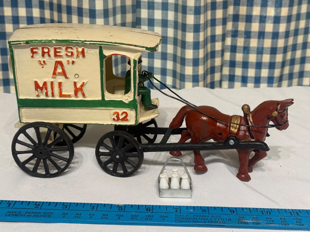 Vintage Cast Iron “Fresh A Milk” Horse-Drawn Delivery Wagon with Driver & Milk Bottles – 11.5"