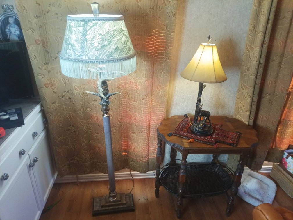 Rustic Antler Floor Lamp, Deer Table Lamp & Vintage Wooden End Table with Wicker Basket
