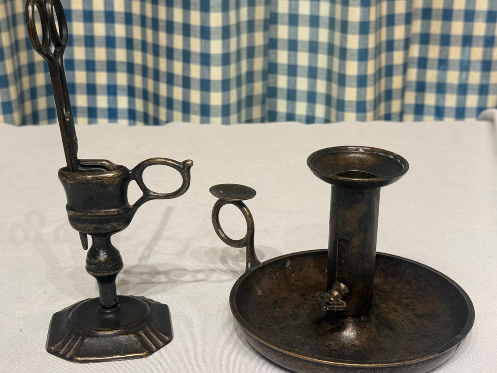 Vintage Italian Brass Victorian-Style Candle Wick Snuffer with Stand & Antique Brass Chamberstick Candle Holder