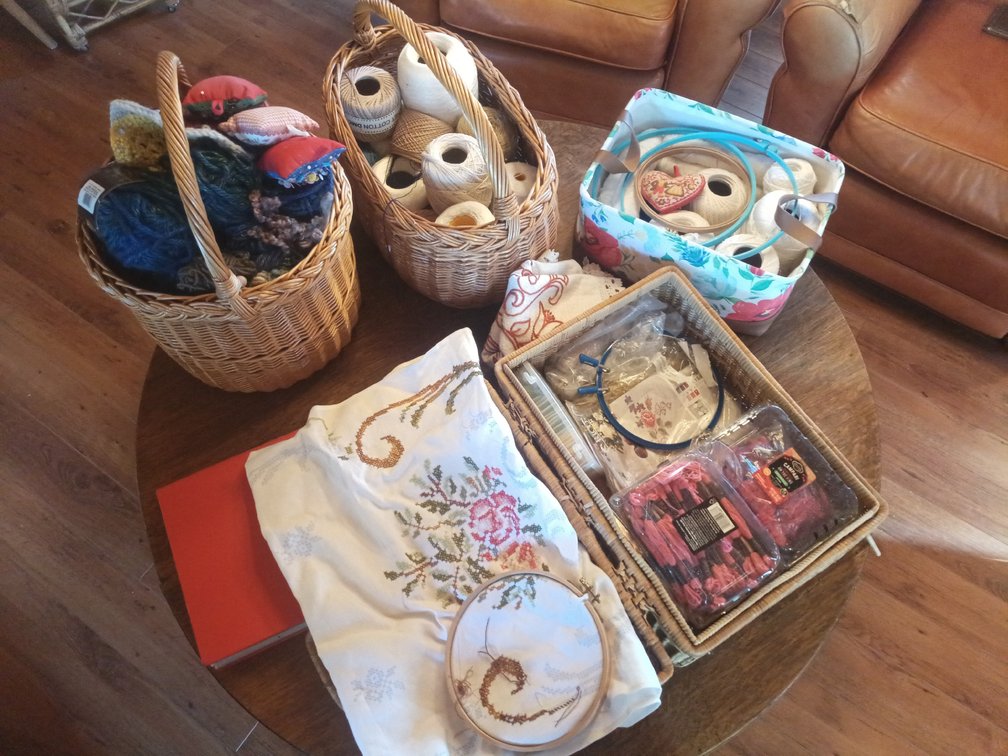 Large Sewing, Embroidery, Knitting & Needlework Supply Collection with Wicker Baskets