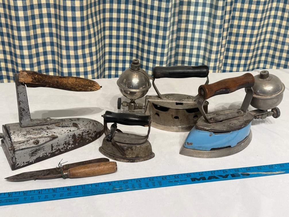 Antique & Vintage Gasoline & Sad Iron Collection with Wooden Handle Tools