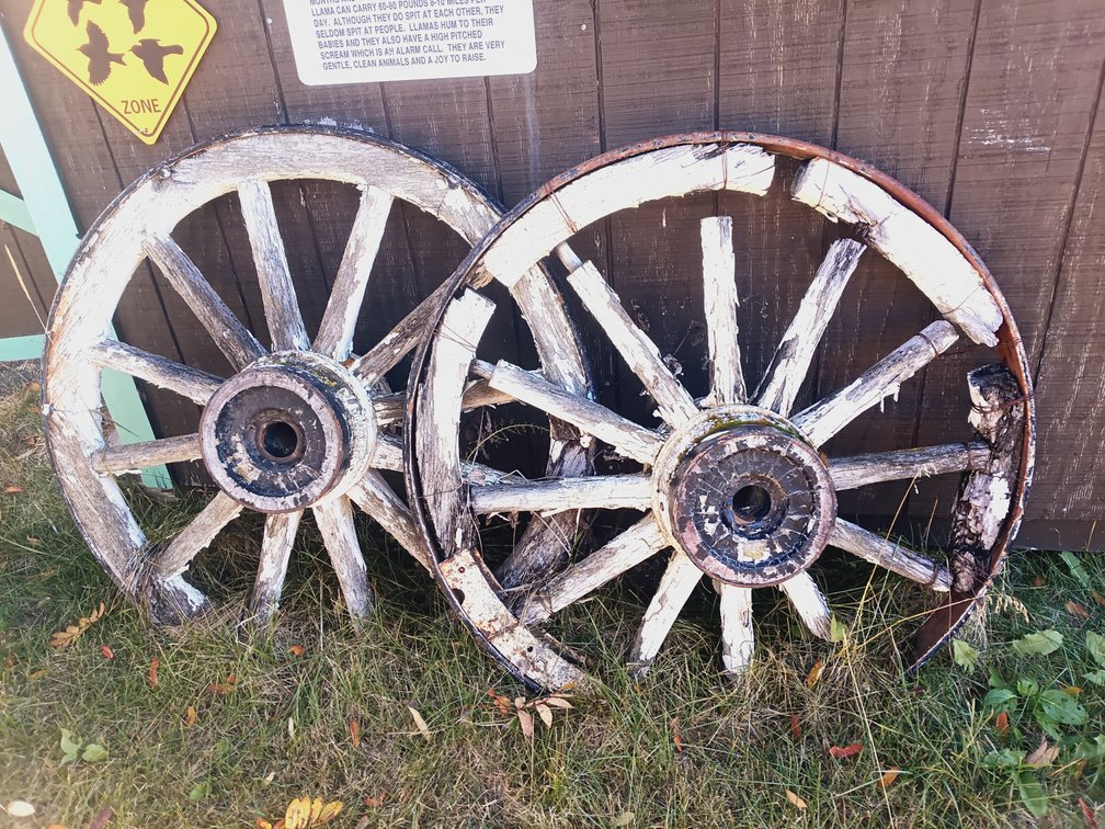 Antique Wooden Wagon Wheels with Steel Rims – Matching Pair