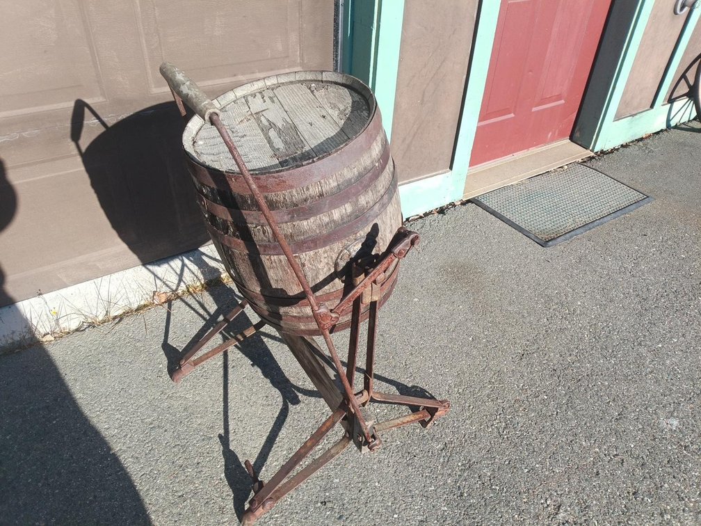 Antique Wooden Barrel Butter Churn with Metal Stand