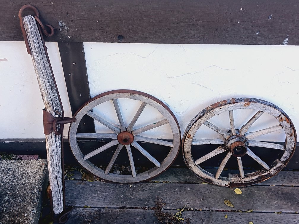 Antique Horse Singletree & Two Vintage Wooden Wagon Wheels