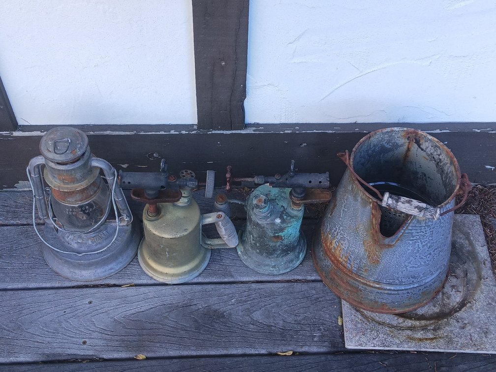 Vintage Lantern, Blowtorches & Metal Ash Bucket – 4 Pieces