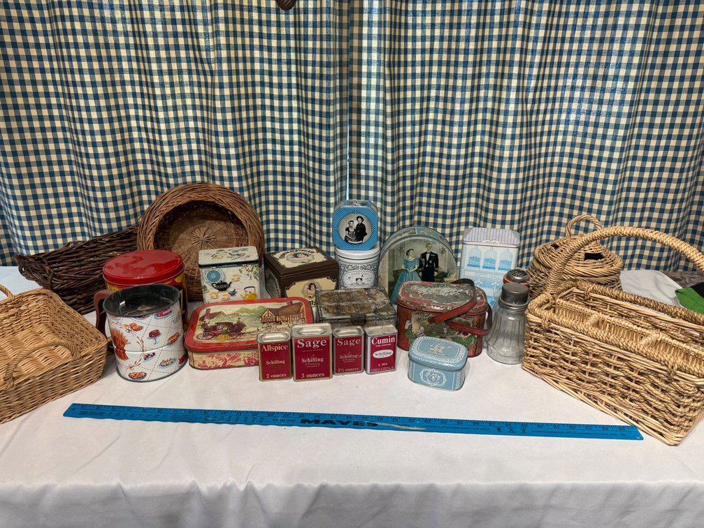 Vintage & Antique Tin Collection, Wicker Baskets & Kitchen Collectibles