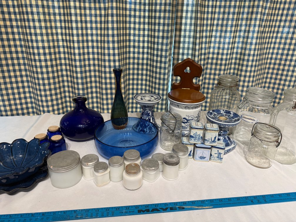 Vintage Cobalt Blue Glass, Delft-Style Ceramics & Antique Milk Glass Jars
