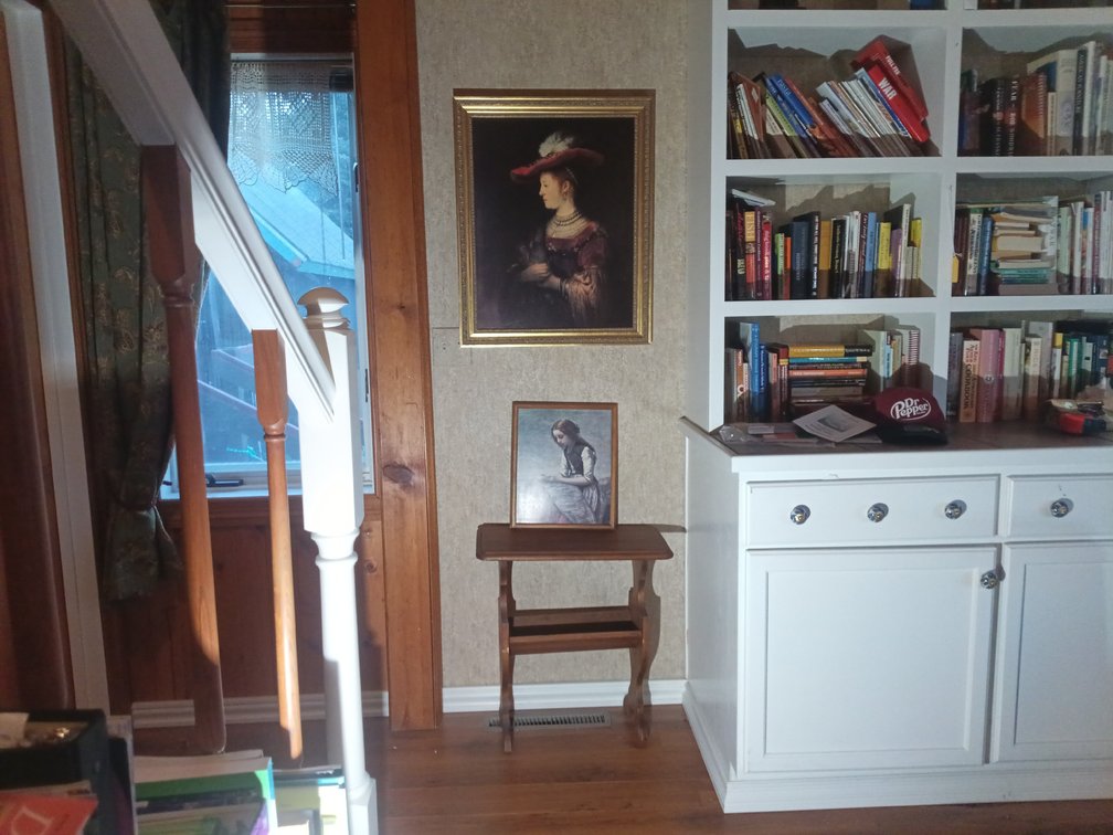 Framed Rembrandt & Corot Art Prints with Vintage Wood Side Table