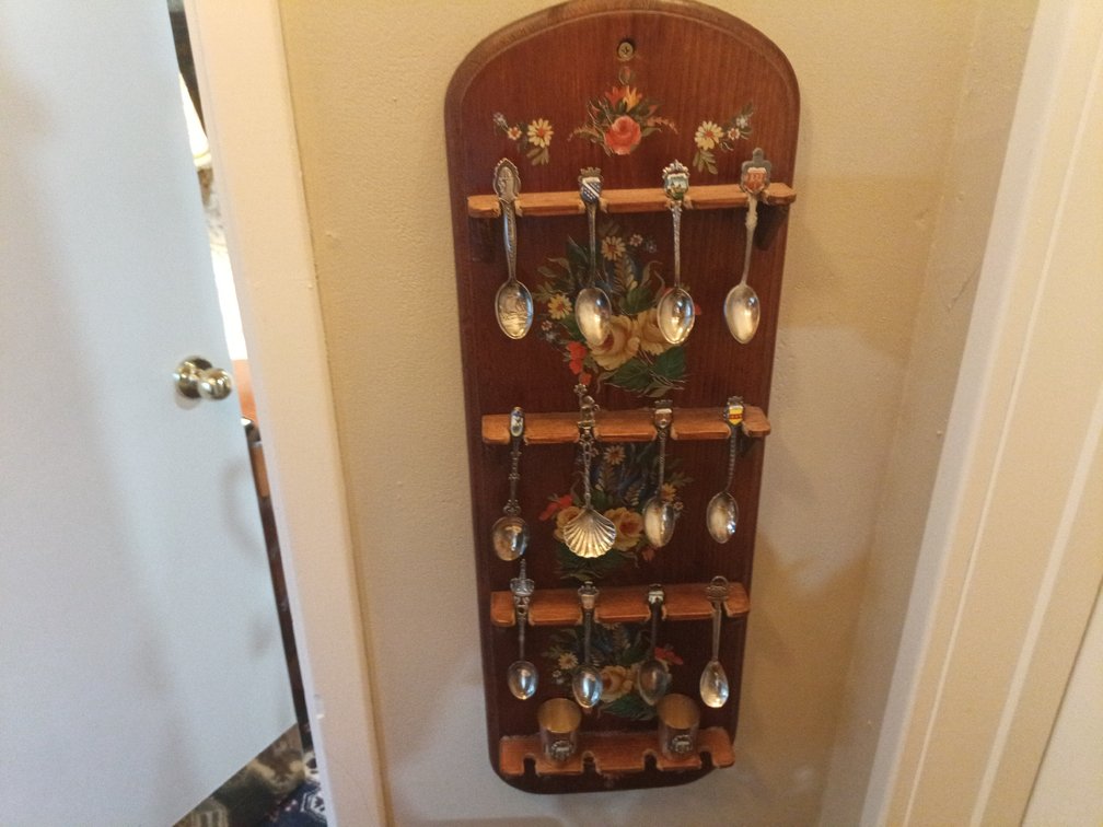 Vintage Souvenir Spoon Collection with Hand-Painted Wooden Display Rack