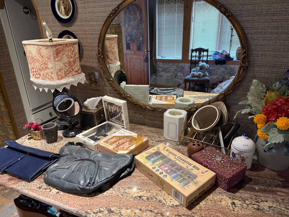 Vintage Ornate Mirror, Table Lamp, Handbags & Vanity Décor Collection