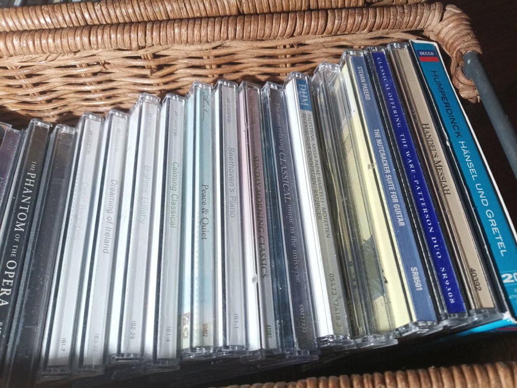 Large Classical Music CD Collection, Panasonic Cassette Player & Wicker Storage Baskets