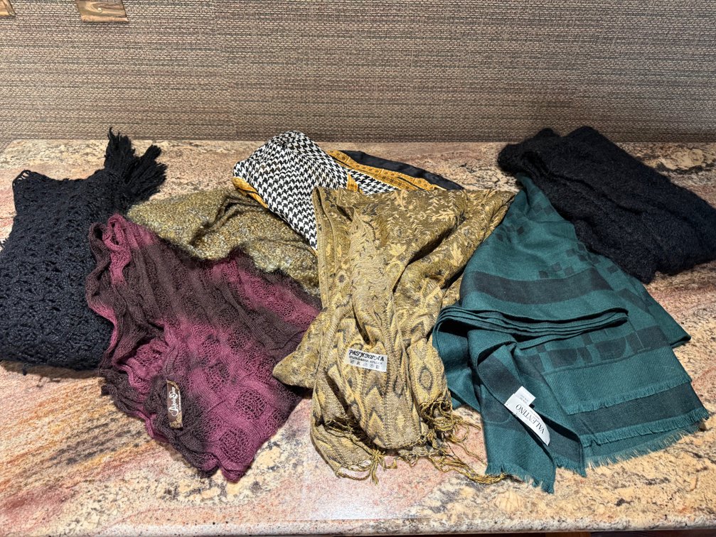 Collection of 7 Fashion Scarves & Shawls – Valentino, Pashmina & Silk Blends