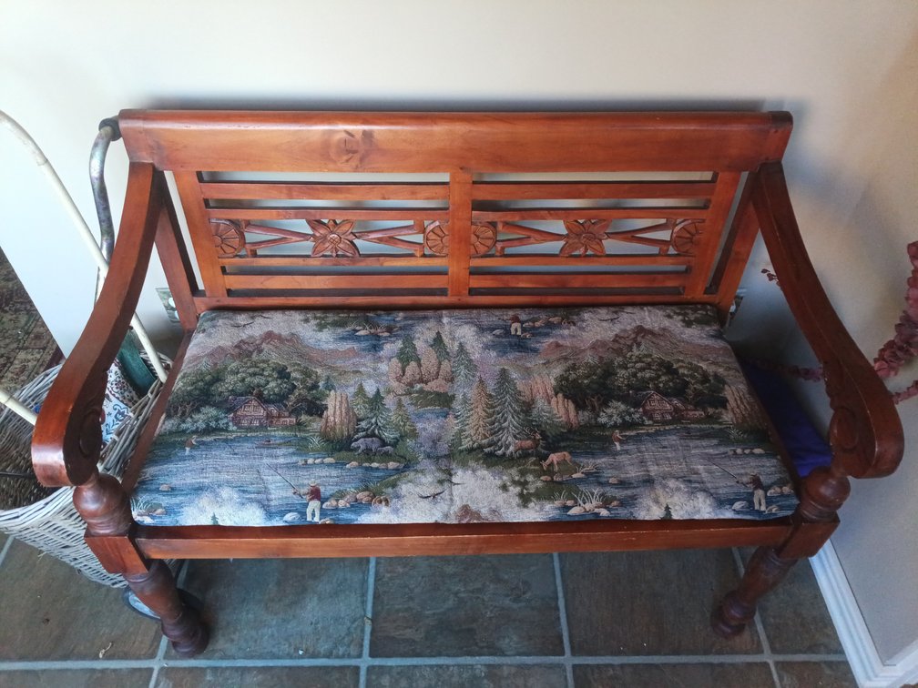 Vintage Carved Wooden Bench with Wildlife Tapestry Upholstered Seat