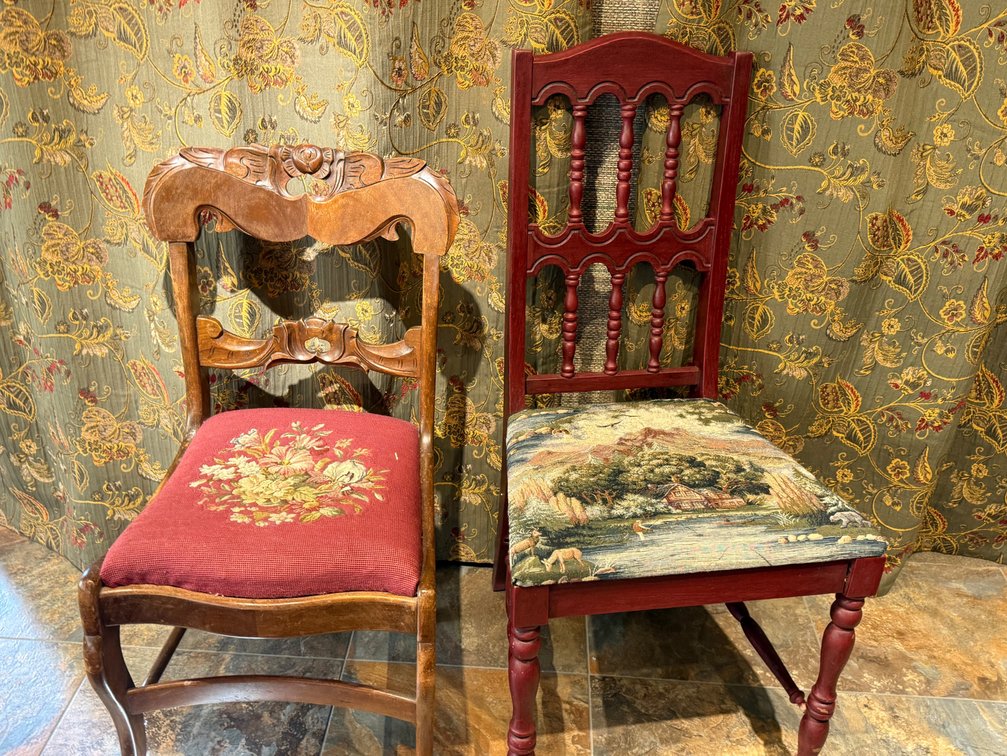 Two Vintage Wood Dining Chairs with Decorative Upholstered Seats