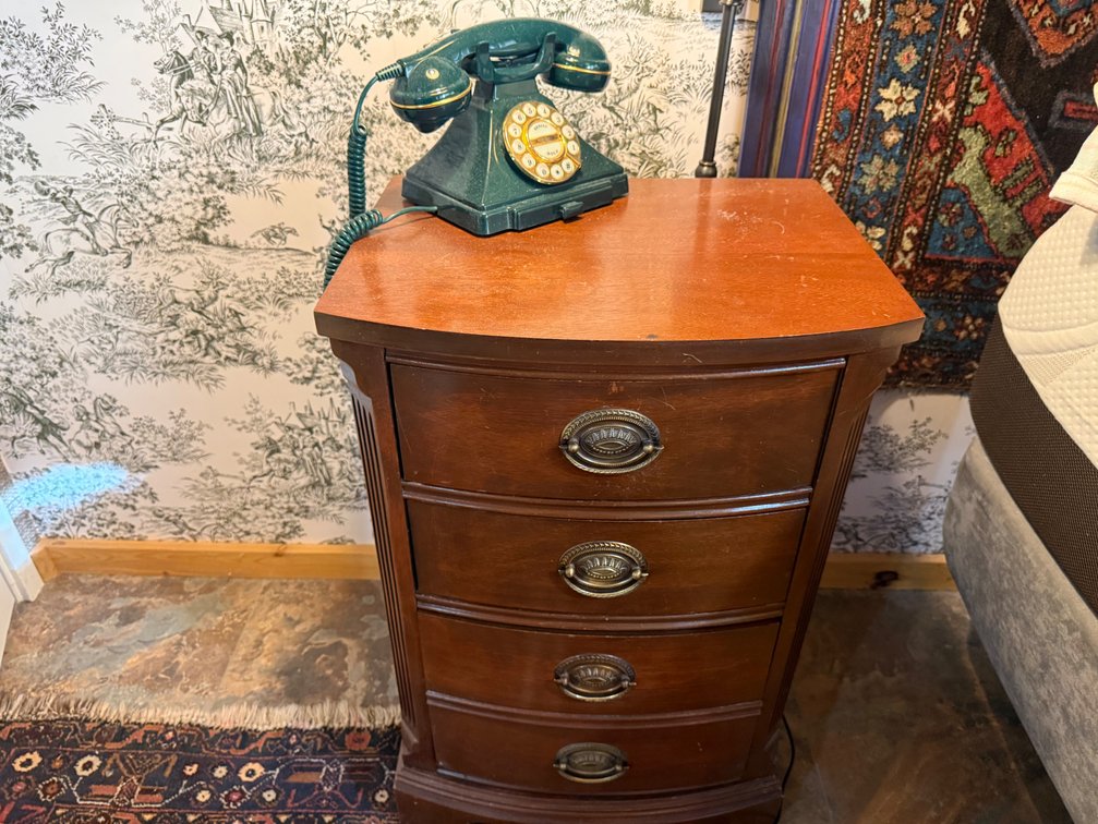 Vintage Four-Drawer Wood Nightstand, Wrought Iron Wall Rack & Hand-Painted Floral Hangers