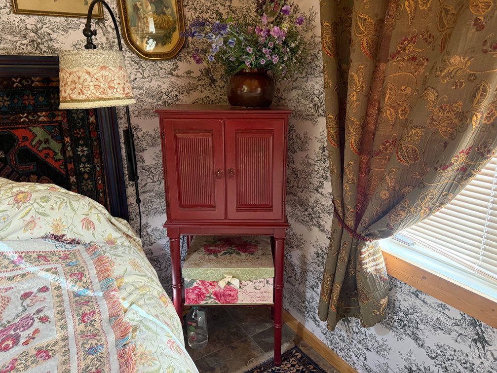 Vintage Red Painted Wood Cabinet with Floral Décor, Decorative Plates & Storage Box