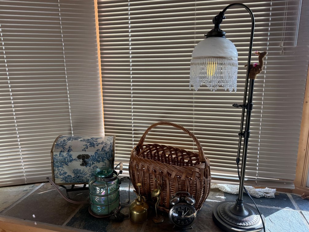 Vintage & Antique Décor Collection – Wicker Basket, Toile Chest, Glass Watering Can, Brass & Floor Lamp