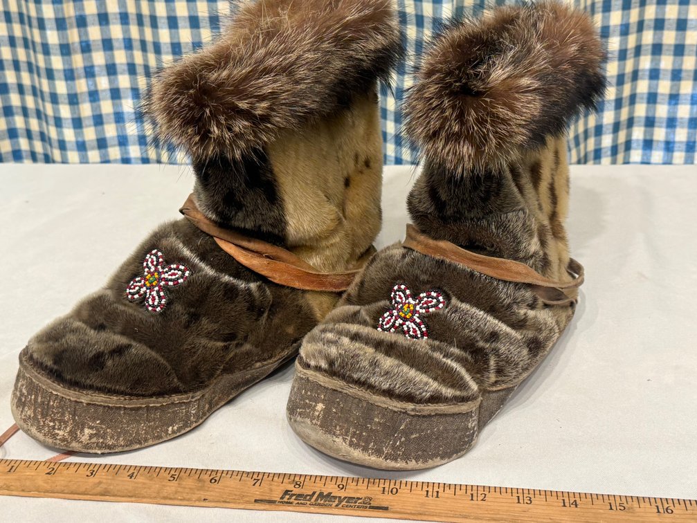 Vintage Authentic Alaska Native Handcrafted Sealskin & Fur Mukluks with Hand Beadwork