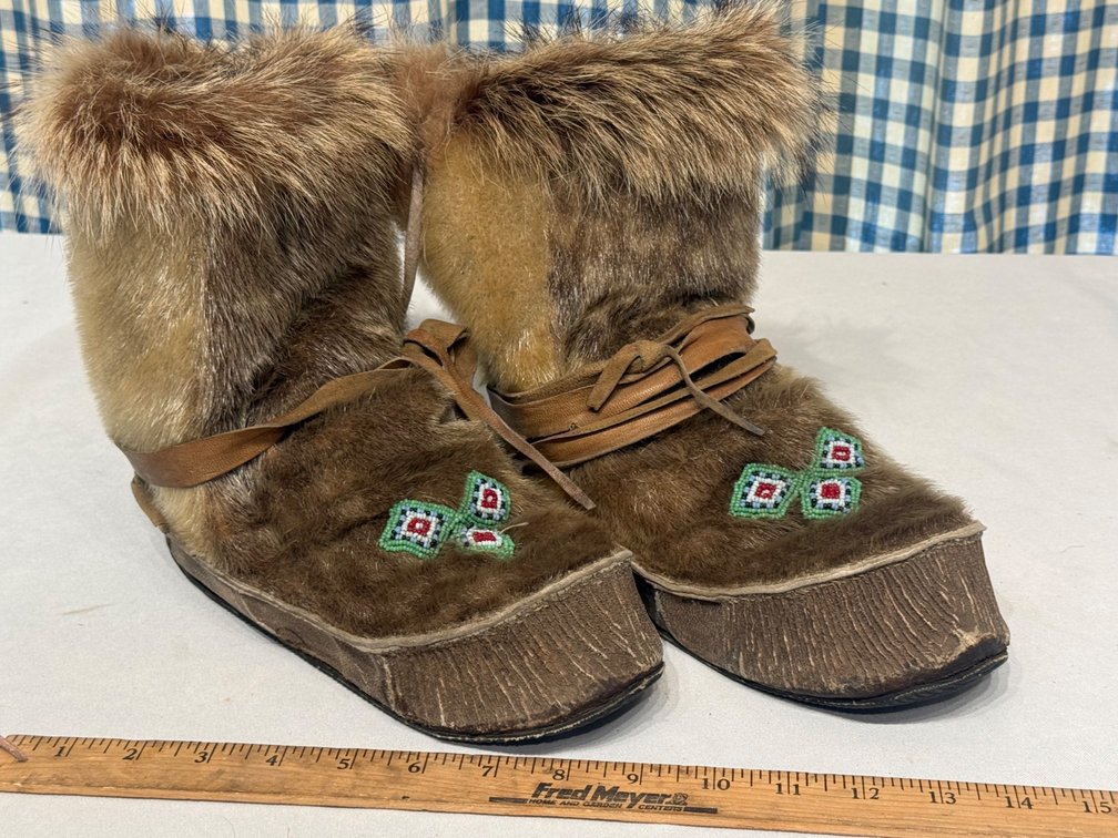 Vintage Alaska Native Handcrafted Fur Mukluks with Traditional Hand Beadwork – 10.5” Soles