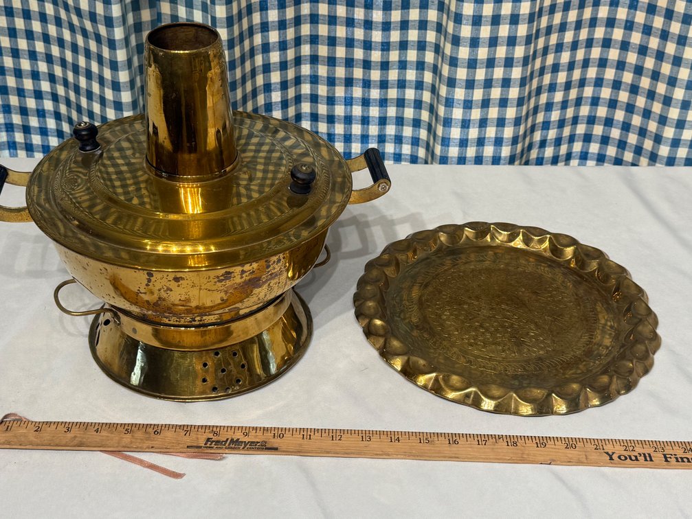 Vintage Brass Chinese/Mongolian Charcoal Hot Pot Samovar & Decorative Brass Plate – 2 Pieces