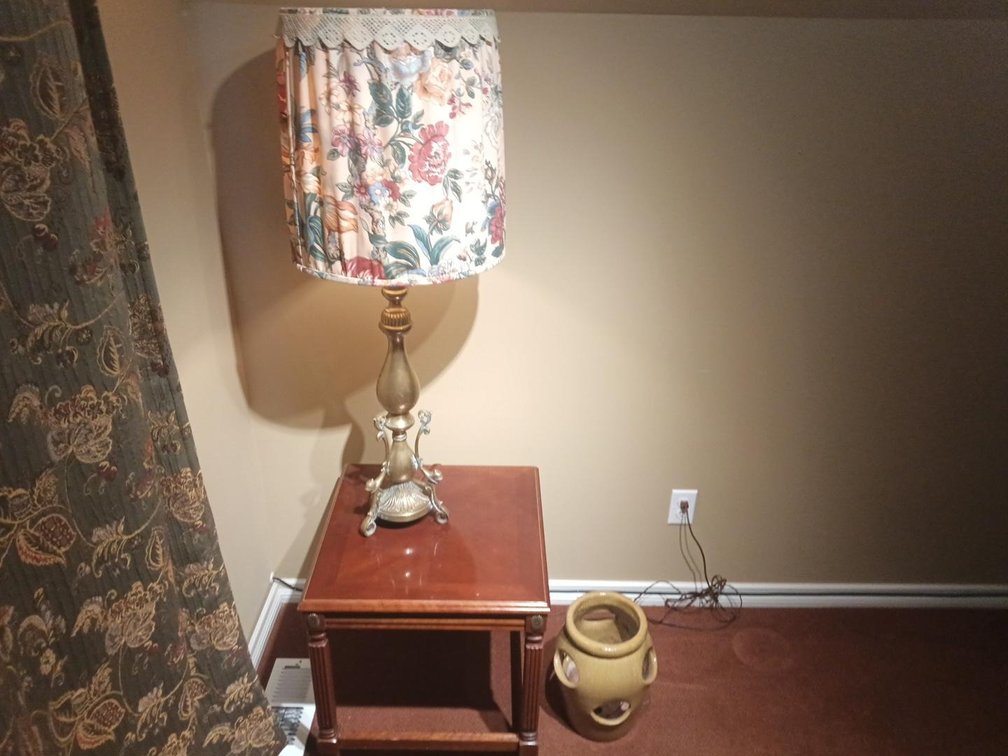 Large Brass Table Lamp, Wooden End Table & Decorative Ceramic Vase