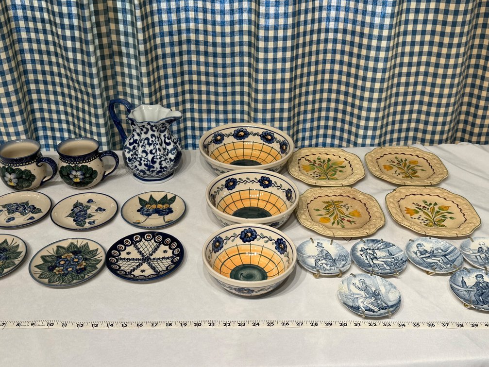 Vintage Hand-Painted Polish Pottery, Delft Blue & Royal Adams English Ironstone Collection